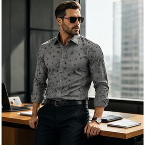 Stitch Note Egyptian Cotton Floral Print Button Shirt Gray Mens Large